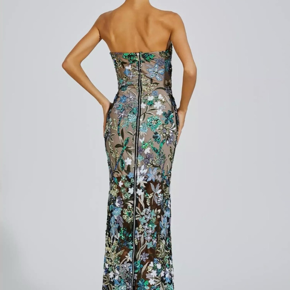 Strapless Floral Appliqué Midi Dress in Blue and Green; Sheer; Prom - Picture 7 of 8